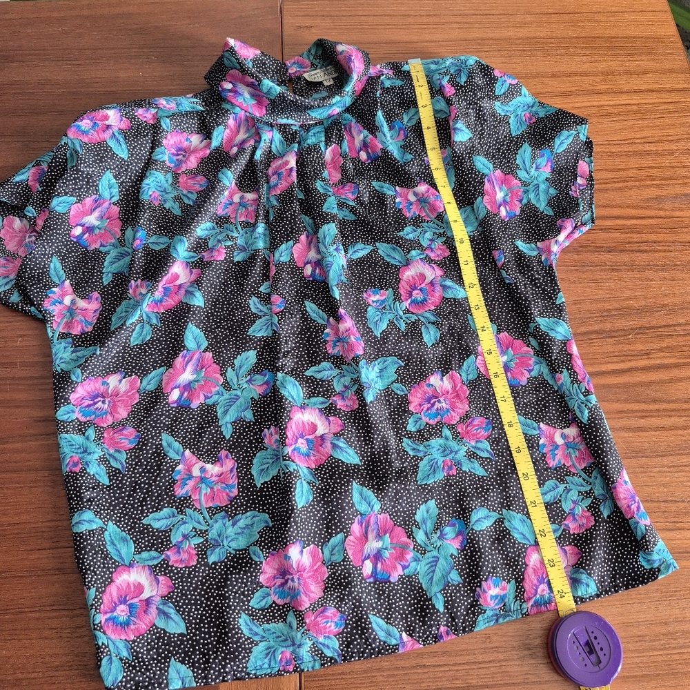 Vintage 80s Pink Floral And Dots Black Blouse Women's Top 12 - Picture 6 of 9